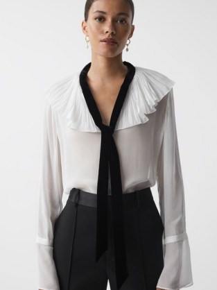 REISS AZARIAH SHEER RUFFLE VELVET TIE-NECK BLOUSE CREAM / BLACK ~ ruffled blouses ~ feminine frill trim top - flipped