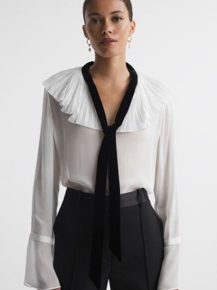 REISS AZARIAH SHEER RUFFLE VELVET TIE-NECK BLOUSE CREAM / BLACK ~ ruffled blouses ~ feminine frill trim top