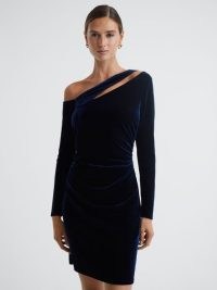REISS CAMILLA VELVET OFF-THE-SHOULDER MINI DRESS NAVY ~ sophisticated occasionwear ~ asymmetric evening event dresses ~ chic cocktail clothing