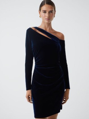 REISS CAMILLA VELVET OFF-THE-SHOULDER MINI DRESS NAVY ~ sophisticated occasionwear ~ asymmetric evening event dresses ~ chic cocktail clothing p - flipped