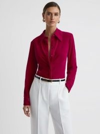 REISS CARLY VELVET BUTTON-THROUGH SHIRT in PINK ~ luxe evening occasion shirts ~ women’s chic party clothing