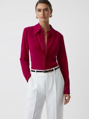 REISS CARLY VELVET BUTTON-THROUGH SHIRT in PINK ~ luxe evening occasion shirts ~ women’s chic party clothing p - flipped