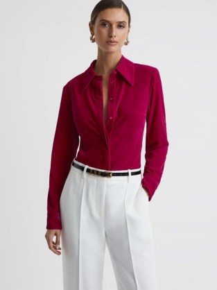 REISS CARLY VELVET BUTTON-THROUGH SHIRT in PINK ~ luxe evening occasion shirts ~ women’s chic party clothing p