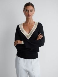 Reiss COURTNEY CONTRAST TRIM EMBELLISHED V-NECK JUMPER Black / Cream | women’s beaded detail jumpers p