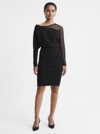 REISS DEANNA BODYCON KNITTED SHEER MIDI DRESS in BLACK ~ off the shoulder LBD ~ asymmetric cocktail dresses ~ women’s chic party clothing ~ evening occasion fashion