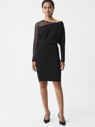 REISS DEANNA BODYCON KNITTED SHEER MIDI DRESS in BLACK ~ off the shoulder LBD ~ asymmetric cocktail dresses ~ women’s chic party clothing ~ evening occasion fashion - flipped