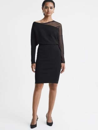 REISS DEANNA BODYCON KNITTED SHEER MIDI DRESS in BLACK ~ off the shoulder LBD ~ asymmetric cocktail dresses ~ women’s chic party clothing ~ evening occasion fashion