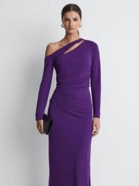 Reiss DELPHINE OFF-THE-SHOULDER CUT-OUT MAXI DRESS PURPLE – chic long sleeve occasion dresses with an asymmetric neckline – ruched evening event clothing – sophisticated cutout party clothes