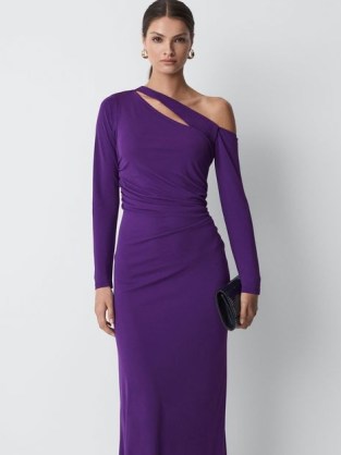 Reiss DELPHINE OFF-THE-SHOULDER CUT-OUT MAXI DRESS PURPLE – chic long sleeve occasion dresses with an asymmetric neckline – ruched evening event clothing – sophisticated cutout party clothes p - flipped