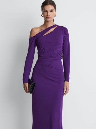 Reiss DELPHINE OFF-THE-SHOULDER CUT-OUT MAXI DRESS PURPLE – chic long sleeve occasion dresses with an asymmetric neckline – ruched evening event clothing – sophisticated cutout party clothes p