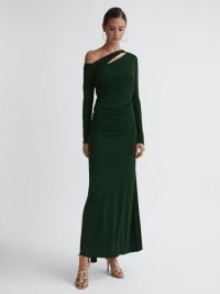 REISS DELPHINE OFF-THE-SHOULDER CUT-OUT MAXI DRESS in GREEN ~ long length asymmetric evening dresses ~ cutout occasion clothing ~ women’s chic party clothes