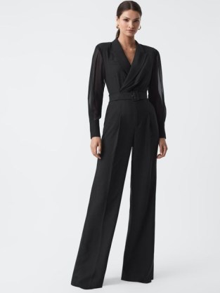 REISS FLORA SHEER BELTED DOUBLE BREASTED JUMPSUIT BLACK ~ wide leg blazer style jumpsuits - flipped