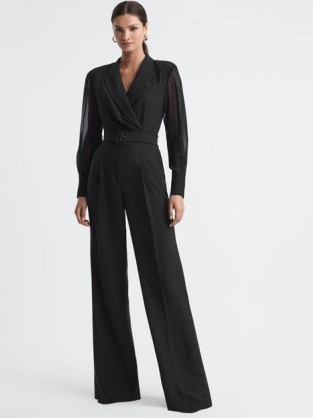 REISS FLORA SHEER BELTED DOUBLE BREASTED JUMPSUIT BLACK ~ wide leg blazer style jumpsuits