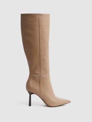 REISS GRACYN LEATHER KNEE HIGH HEELED BOOTS in CAMEL – luxe light brown point toe boot - flipped