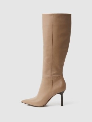 REISS GRACYN LEATHER KNEE HIGH HEELED BOOTS in CAMEL – luxe light brown point toe boot