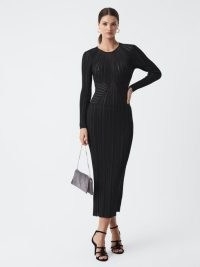 Reiss IDA SHEER STRIPED BODYCON MIDI DRESS BLACK – long sleeve round neck evening occasion dresses – chic party clothing