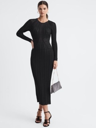 Reiss IDA SHEER STRIPED BODYCON MIDI DRESS BLACK – long sleeve round neck evening occasion dresses – chic party clothing p - flipped