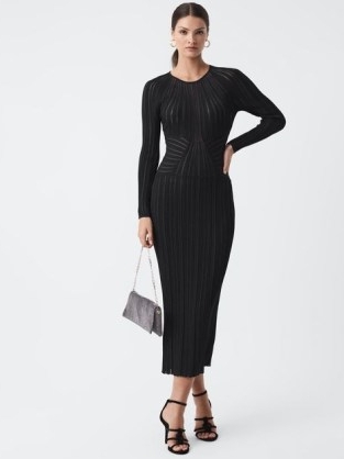 Reiss IDA SHEER STRIPED BODYCON MIDI DRESS BLACK – long sleeve round neck evening occasion dresses – chic party clothing p