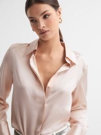 REISS IRINA SILK BUTTON-THROUGH SHIRT NUDE ~ women’s pale pink silky shirts ~ luxe clothing