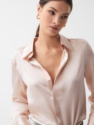REISS IRINA SILK BUTTON-THROUGH SHIRT NUDE ~ women’s pale pink silky shirts ~ luxe clothing - flipped