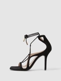 REISS KATE LEATHER STRAPPY HIGH HEEL SANDALS in BLACK / square toe stiletto heel evening shoes / glamorous ankle tie sandal