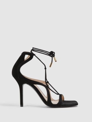 REISS KATE LEATHER STRAPPY HIGH HEEL SANDALS in BLACK / square toe stiletto heel evening shoes / glamorous ankle tie sandal p - flipped
