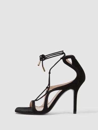 REISS KATE LEATHER STRAPPY HIGH HEEL SANDALS in BLACK / square toe stiletto heel evening shoes / glamorous ankle tie sandal p