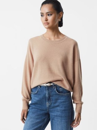 Reiss LUCY CASHMERE CREW NECK JUMPER Camel | women’s luxe jumpers | womens luxury light brown sweater p - flipped