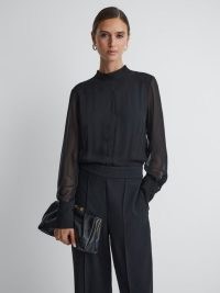 Reiss MAGDA SHEER FITTED JUMPSUIT BLACK – chic evening jumpsuits – sophisticated occasion all-in-one clothing