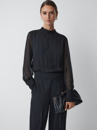 Reiss MAGDA SHEER FITTED JUMPSUIT BLACK – chic evening jumpsuits – sophisticated occasion all-in-one clothing p - flipped