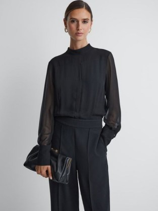 Reiss MAGDA SHEER FITTED JUMPSUIT BLACK – chic evening jumpsuits – sophisticated occasion all-in-one clothing p