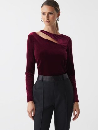 REISS MILA VELVET CUT-OUT TOP in BERRY – plush jewel tone long sleeve tops – chic winter evening fashion - flipped