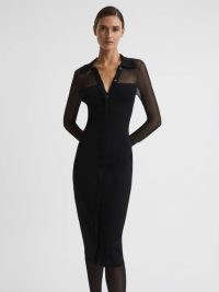 Reiss NALA SHEER KNITTED BUTTON-THROUGH MIDI DRESS BLACK – long sleeve collared evening dresses