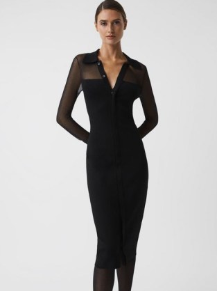 Reiss NALA SHEER KNITTED BUTTON-THROUGH MIDI DRESS BLACK – long sleeve collared evening dresses p - flipped