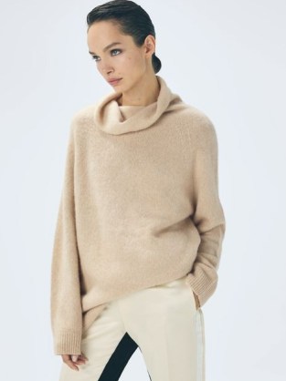 Reiss NAOMIE ATELIER CASHMERE-SILK FUNNEL NECK JUMPER Camel | women’s luxe slouchy jumpers | light brown luxury knits p - flipped