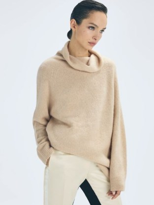 Reiss NAOMIE ATELIER CASHMERE-SILK FUNNEL NECK JUMPER Camel | women’s luxe slouchy jumpers | light brown luxury knits p