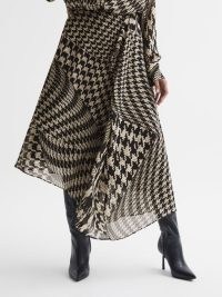 REISS OKSANA DOGTOOTH ASYMMETRIC MIDI SKIRT BLACK / WHITE ~ checked asymmetrical skirts ~ mixed check print clothing