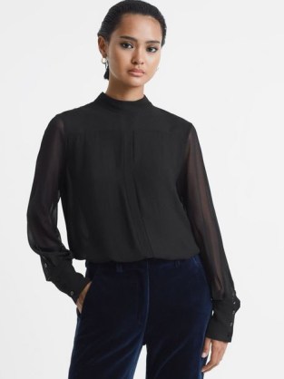 RILEY SHEER HIGH NECK BLOUSE BLACK – minimalist blouses – sophisticated tops p
