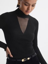 REISS RITA FITTED WOOL BLEND MESH TOP BLACK ~ women’s knitted high neck sheer panel tops