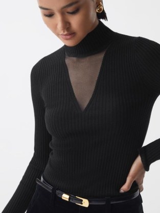 REISS RITA FITTED WOOL BLEND MESH TOP BLACK ~ women’s knitted high neck sheer panel tops - flipped