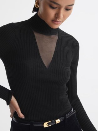 REISS RITA FITTED WOOL BLEND MESH TOP BLACK ~ women’s knitted high neck sheer panel tops