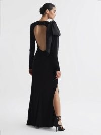 REISS SAVANNAH BODYCON BOW MAXI DRESS in BLACK ~ open back evening dresses ~ cut out detail event clothing