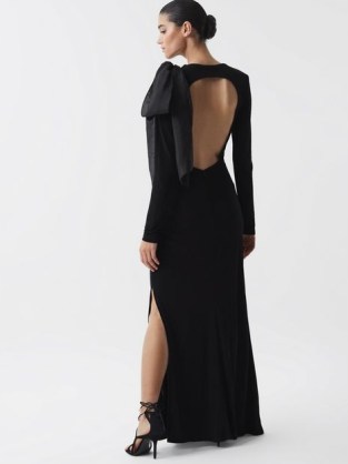 REISS SAVANNAH BODYCON BOW MAXI DRESS in BLACK ~ open back evening dresses ~ cut out detail event clothing - flipped