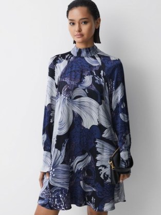 REISS THEA RELAXED SATIN PRINTED MINI DRESS in BLUE / WHITE ~ silky floral long sleeve high neck occasion dresses ~ women’s floaty party clothing ~ womens flowing clothes ~ feminine fashion - flipped