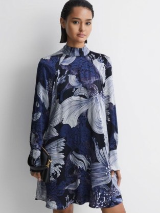 REISS THEA RELAXED SATIN PRINTED MINI DRESS in BLUE / WHITE ~ silky floral long sleeve high neck occasion dresses ~ women’s floaty party clothing ~ womens flowing clothes ~ feminine fashion