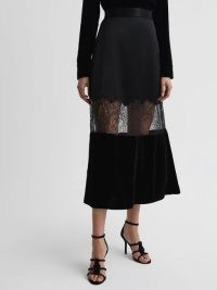 REISS TILLY FITTED SILK-VELVET MIDI SKIRT in BLACK ~ sheer lace panel skirts ~ feminine party clothing ~ luxe occasion fashion