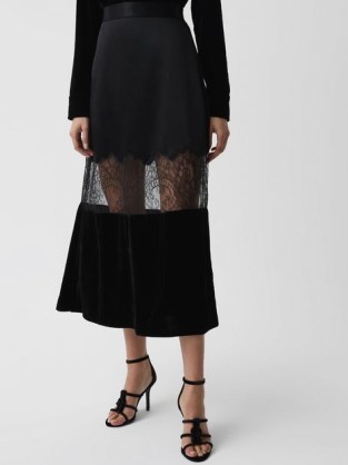 REISS TILLY FITTED SILK-VELVET MIDI SKIRT in BLACK ~ sheer lace panel skirts ~ feminine party clothing ~ luxe occasion fashion p - flipped