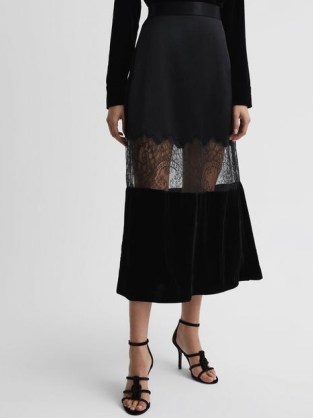 REISS TILLY FITTED SILK-VELVET MIDI SKIRT in BLACK ~ sheer lace panel skirts ~ feminine party clothing ~ luxe occasion fashion p