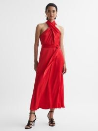 Reiss VIDA SATIN HALTER NECK FITTED MIDI DRESS RED – slinky halterneck occasion dresses – silky fluid party clothing