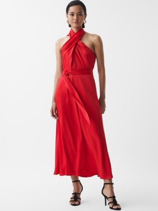 Reiss VIDA SATIN HALTER NECK FITTED MIDI DRESS RED – slinky halterneck occasion dresses – silky fluid party clothing p - flipped